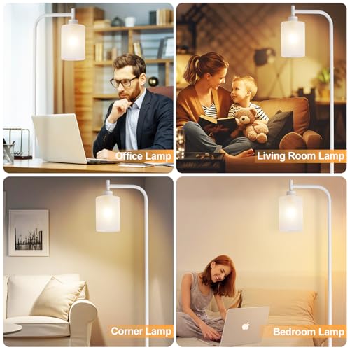 DLLT Floor Lamp Tall for Room: White Standing Lamp with Frosted Glass Lampshade for Living Room - Modern Bright Lamp for Bedroom - Industrial Corner Floor Lamps for Office 8W Led Bulb Included - color: White+Frosted Glass Shade