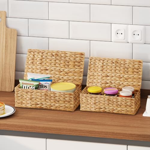 Wicker Storage Basket with Lid, Set of 2 Handwoven Water Hyacinth Storage Baskets for Shelves, Rectangular Storage Bins with Lid, Decorative Storage Boxes, Small Wicker Baskets for Organizing - color: Water Hyacinth