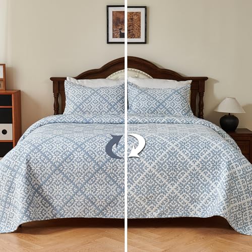 EVENHUG 100% Cotton Quilt Set King Size Bedding Sets with Pillow Shams Breathable Lightweight Bedspreads Coverlet for All Season 3 Piece (106"x96") - color: Blue White, size: King