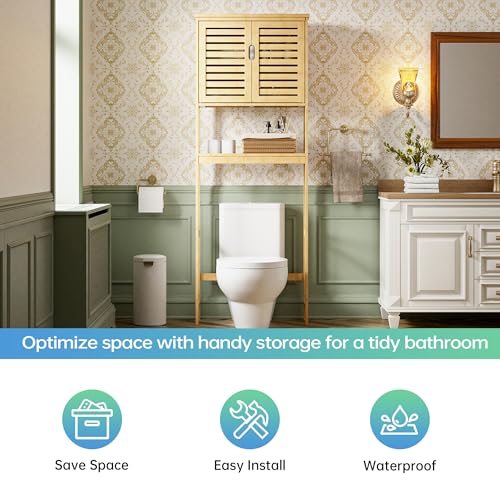 SMIBUY Bathroom Over The Toilet Storage Cabinet, 2 Door Bamboo Cabinet Organizer, Freestanding Space Saver Toilet Rack with Adjustable Inside Shelf and Open Shelf (Natural) - color: Natural