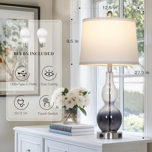 Rinweey 27.5" Gradual Gray Clear Glass Table Lamp Set of 2,3-Way Dimmable Touch Control Bedside Lamps with USB Ports and AC Outlet, Modern Nightstand Lamps for Bedroom Living Room - color: Gray