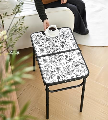 Outdoor Side Table, Portable 3 Adjustable Height Small Outdoor Folding Table, Aluminum Foldable Patio Side Tables for Outside Indoor, Plant Stand Coffee End Table for Pool, Porch,Garden, Balcony - color: Toile De Jouy