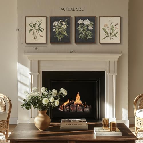 Framed Vintage Botanical Floral Wall Art for Bedroom, 4 Piece 11x14 In | Farmhouse wall decor, Flower pictures, Rustic retro paintings, Ready to hang canvas prints, Kitchen bedroom living room decor - color: Vintage - Walnut Framed, size: 11" W x 14" H x