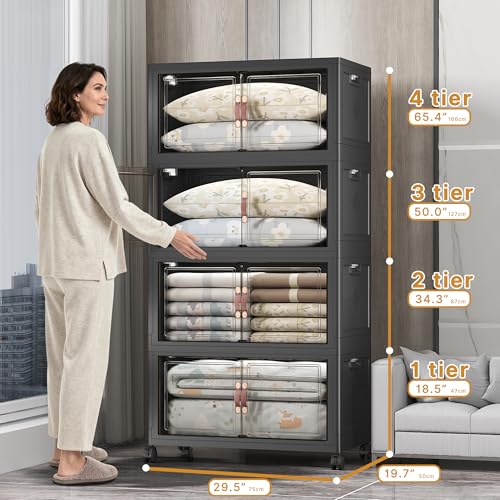 Stackable Storage Bins, 1440QT Collapsible Drawers with 2 Lids | Large Capacity, Magnetic Door, Stack Lock, Rolling Wheels, Foldable Design, Organizers and Storage for Bedroom Dorm Garage - color: Dark-175QT, size: 8Pack with 2 top lids