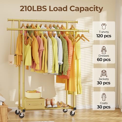HYSEYY Double Rods Clothes Rack, Sturdy Rolling Clothing Rack, Portable Clothing Racks for Hanging Clothes - Metal Garment Rack Wardrobe Coat Rack for Bedroom Laundry Living Room, Gold - color: Gold