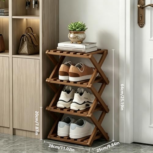 Narrow Shoe Rack, Foldable Bamboo Shoes Shelf for Small Spaces, Multifunctional Vertical Shoe Organizer Tall for Entryway, Closet, Corner, Bedroom, Hallway (Brown, 4 Layers) - color: Brown, size: 4 Layers