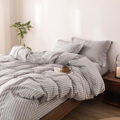 3Pcs Grey White Striped Cal King Duvet Cover Set Cotton | Linen Feel Striped,1 Duvet Cover & 2 Pillow Shams,Hidden Zipper,Soft Breathable,Lightweight,8 Corner Ties - color: Grey White Stripe-no Comforter, size: California King (104" x 98")