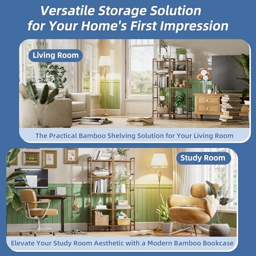 HITNET Bamboo Book Shelf, Tall Narrow Bookcase, Bathroom Shelving Unit 5 Tier Floor Standing Adjustable Bookshelf for Small Spaces, Walnut - color: Walnut