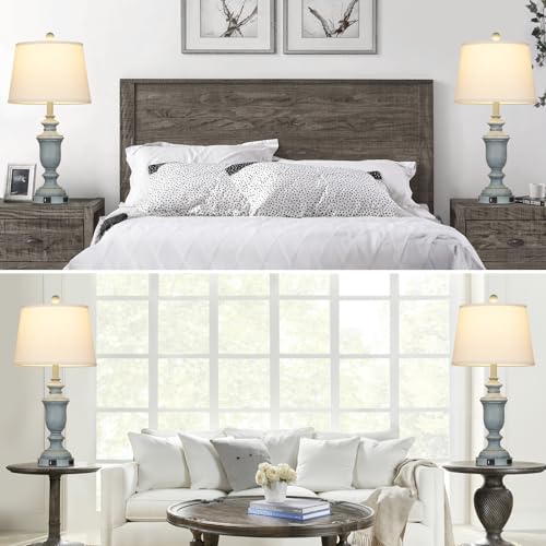25.6" Blue Table Lamps Set of 2 with USB C+A Ports & AC Outlet for Coastal Living Room Bedroom,3-Way Dimmable Farmhouse Touch Lamp Bedside Lamps for Nightstand,Retro Blue - color: Coastal