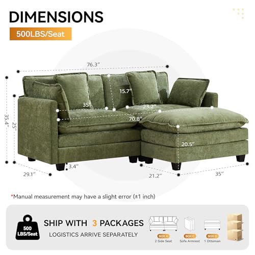 76'' Cloud Deep Seat Loveseat Sofa, Upholstered Chenille Modular 2-Seats Sectional Sofa Couch with Movable Ottoman, Modern Comfy Settee Loveseat for Living Room Set, Small Apartment, Green - color: Green, size: 76'' L Shape