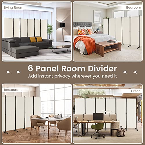 NAFORT 6 Panel Folding Room Divider for Room Separation, Freestanding Privacy Screen with Lockable Universal Wheels, Fabric Wall Partition Screen for Living Room, Bedroom, Office, White - color: White