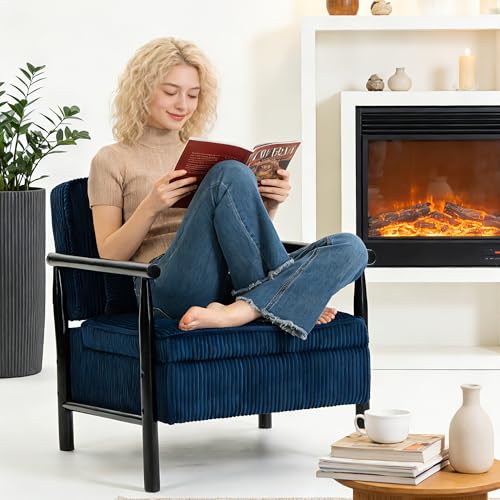 Accent Chair, Comfy Modern Lounge Reading Arm Chair with Storage | Corduroy Upholstered Lounge Arm Chair with Solid Wood Reading for Living Room/Office/Balcony/Bedroom-Blue - color: Storage-corduroy-blue