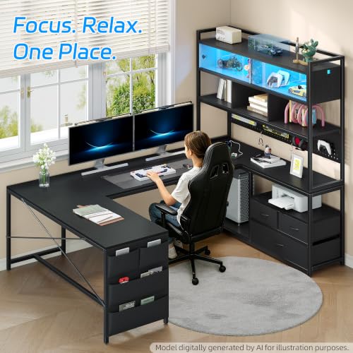 busyeah U-Shaped Gaming Desk with Storage Shelves & 3 Drawers, Black | Reversible Computer Desk with LED Lights & Charging Station, Gaming Desk with Hutch and Pegboard for Home Office, Gamers - color: Black