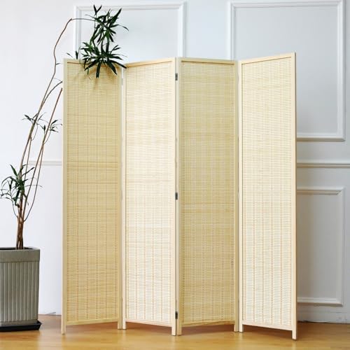 4 Panel Bamboo Room Divider - 5.6 ft Tall Folding Privacy Screen, Natural Beige Freestanding Partition Wall for Home Office & Room Separation (67" H x 61.4" W) - color: Beige, size: 4 Panel