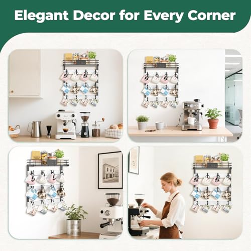 EsLuker.ly Coffee Mug Holder Cup Hanger Wall Mounted Display Rack | Metal Organizer with 12 Movable Plastic Hooks, Wood Rustic Shelf for Coffee Bar Home Kitchen, Thoughtful Wall Storage, White - style: 12 Movable Hooks White Style