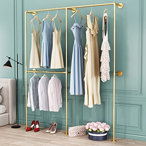 DR.IRON Industrial Pipe Gold Clothing Racks with Double Bar, Industrial Pipe Clothes Racks Wall Mounted, Heavy Duty Gold Closet Rods for Hanging Clothes Organizer Storage - color: Gold-71