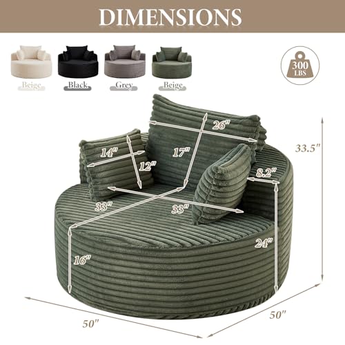 50'' Oversized Round Chaise Longue Chair, Upholstered Corduroy Single Cloud Circle Sofa Chair Comfy Deep Seat Boneless Couch Bed No Assembly Required for Living Room, Bedroom Apartment, Green - color: Green, style: 50"Corduroy