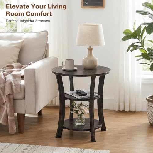 Round End Table 3 Tier Side Table, Small Space Nightstand | 19.7 inch Circle Coffee Accent Table, Outdoor Side Tables for Bedroom, Couch, Patio, Garden, Vintage Rustic (Oak Dark) - color: Oak Dark