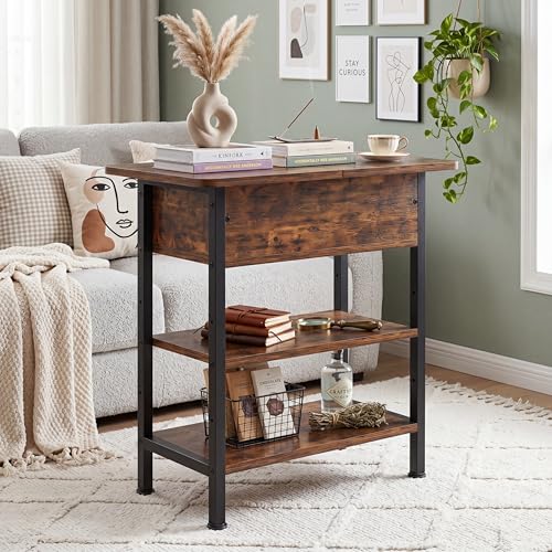 GRUSIGN End Table with Charging Station, Flip Top Side Table with USB Ports and Outlets, 3-Tier Small Side Table with Storage for Small Space, End Tables for Living Room/Bedroom, Rustic Brown - color: Rustic Brown