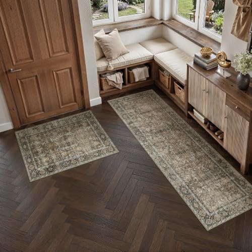 Brown Kitchen Rug Set 2 Piece 2x3+2x6 Vintage Distressed | Washable, Non Slip, Low Pile, Floor Mats for Entryway, Kitchen, Bathroom, Laundry Room, Farmhouse Decor - color: Accent Brown, size: 2'x3'+2'x6'
