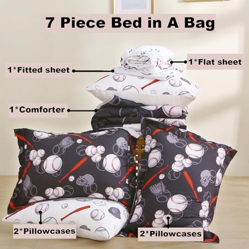 Baseball 7 Piece Bedding Set Sports Theme Twin Size Kids Boys Softball Comforter Set for Boys Kids Microfiber Comforter All Season (1 Comforter, 1 Flat Sheet, 1 Fitted Sheet, 4 Pillowcase) - color: Black Baseball, size: Twin