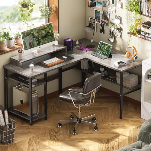 Unikito Reversible L Shaped Desk with Power Outlets and RGB LED Light, Sturdy Computer Desk with Ergonomic Monitor Stand and Storage Shelves, Corner Desk for Home Office, Easy Assembly, Black Oak - color: Black Oak