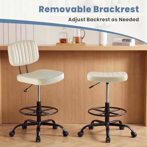 DUMOS Armless Drafting Chair, Standing Desk Chair, Rolling Stool | Ergonomic Low Back Office Seat, Height Adjustable with Footrest Ring, PU Leather, Swivel Wheels, Studio Lab Counter, Beige - color: Beige