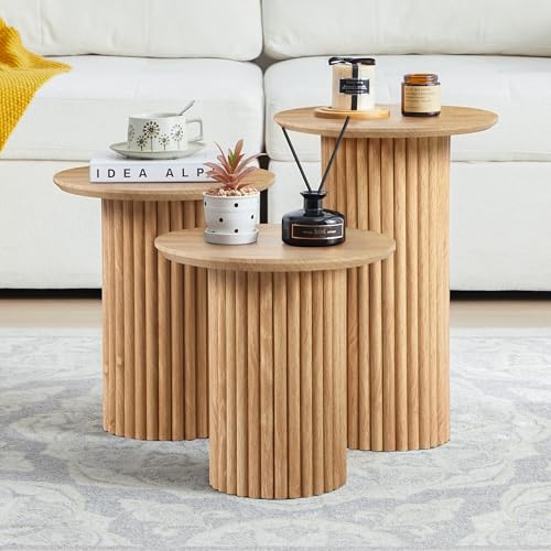 Bifins Natural Round Nesting Coffee Table Set of 3 for Living Room | Coffee and End Table Set,Fluted,Nesting Side Table,Drink Table,End Table,Plant Stand,Oak,Mid Century Modern,Nested - color: Natural