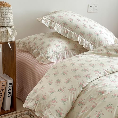 MKXI Floral Duvet Cover Set for Girls 100% Cotton Ruffled Bedding with Pink Blossom Pattern Twin Size Sweet Cottagecore Aesthetic Comforter Cover for Teens & Women - color: 001 Ruffle- Pink Beige Flowers, size: Twin