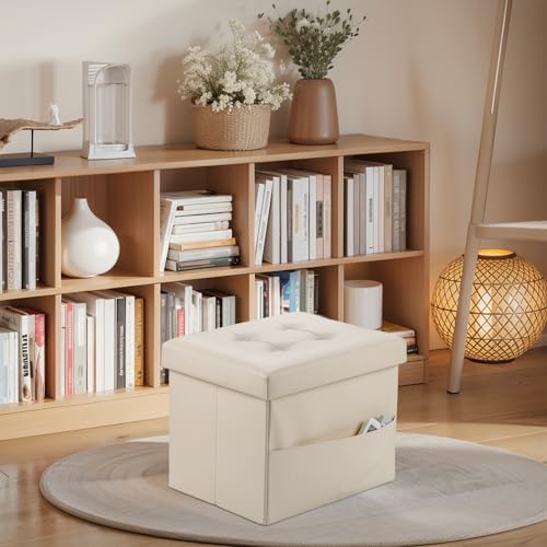 Bsketa Storage Ottoman Bench,17 Inch Folding Leather Foot Rest Stool, Beige | Small Ottoman with Side Pockets, Thicker Foam Padded Seat, Livingroom, Dorm, Bedroom, Easy to install, 43L,17x13x13in - color: Beige-with Side Pockets..