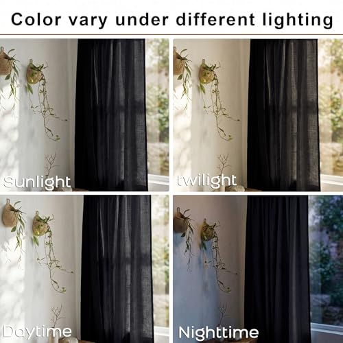 Mrs.Naturall Black Curtains 63 Inch Length for Bedroom 2 Panels Set, Boho Gothic Semi Sheer Light Filtering Back Tab Muslin Linen Curtains 63 Inches Long for Living Room, Cortinas Negras - color: Black, size: 52"W x 63"L (Pack of 2)
