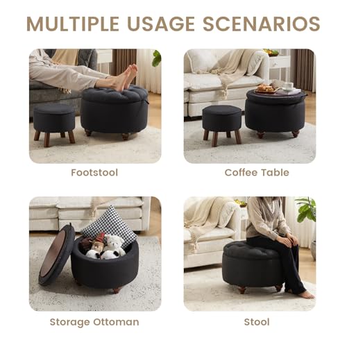 24Inch Round Storage Ottoman, Set of 2, Modern Button Tufted Coffee Table with Removable Top, Upholstered Ottoman with Storage Footrest Stool for Living Room, Bedroom (Dark Grey) - color: Dark Grey