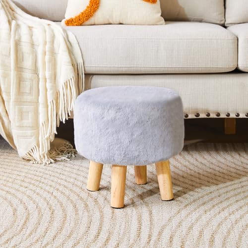 YMYNY Round Pouf Ottoman 12.6" Small Foot Stool, Grey HBD035G | Faux Fur, Wood Legs, Modern Boho, Foot Rest for Couch Living Room Bedroom Office - color: Grey