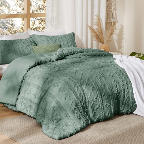 Bedsure Tufted Boho Comforter Set Twin Size - Green Boho Bed Set, GentleSoft™ 2 Pieces Farmhouse-Style Embroidery Bedding, Gifts for Woman, Soft Jacquard Kids' Twin Comforter for All Seasons - color: 14 - Green - Elegant, size: Twin/Twin XL