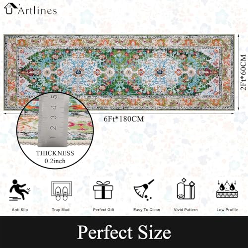 U'Artlines 2' x 6' Boho Hallway Runner Rug, Non Slip Washable Vintage Farmhouse Kitchen Rug Accent Area Carpet for Entryway Laundry and Living Room (Green) | Vintage Farmhouse Kitchen Rug Accent Area Carpet for Entryway Laundry and Living Room - color: Gr