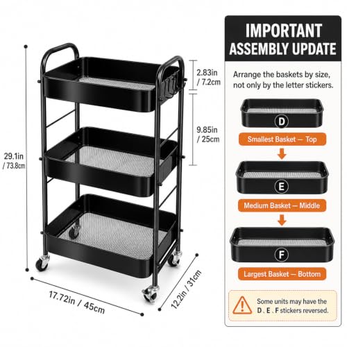SUNLPH 3-Tier Rolling Utility Cart with Stopper Caster Wheels and 4 Hooks, Easy Assembly, for Kitchen, Bathroom, Living Room, Office (17.7”L x 12.2”W x 29.1”H, Black)