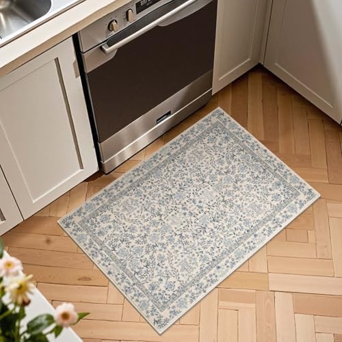 jinchan 2x3 Washable Entryway Area Rug, Floral Non-Slip, Blue/Cream | Soft Low-Pile, Small Botanical Throw Carpet, Indoor Kitchen Door Mat for Front Door Entrance Bathroom - color: Blue/Cream, size: 2' x 3' (Rectangular)