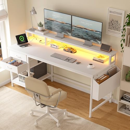 DurayLoly 55" Gaming Desk with RGB Lights & Power Outlets for Teens,White | Wireless Remote Full-Color Strip, Various Lighting Modes, Level Up Teens Gaming Vibe or Study for Protect Eyes In Bedroom - color: White, size: 55"W*20"D*35.5"H