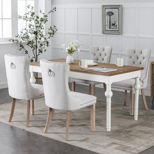 Beige-White Dining Chairs Set of 8, Tufted Kitchen & Dining Room Chairs | Eight Fabric Tufted Dinning Chairs, Linen Upholstered, Wing Back, Metal Pull Ring, Wood Frame, Mid Century Modern - color: A-2 Beige Linen, Wood Legs, size: 8