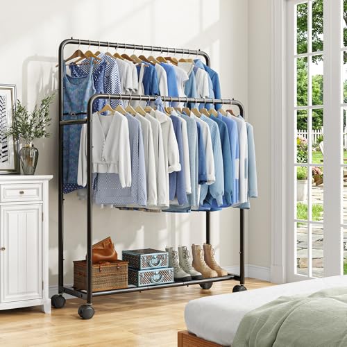 Simple Trending Clothing Clothes Rack, Double Rod Garment Rack, Black | Portable Closet with Bottom Shelf, Anti-Slip Stoppers, 360° Lockable Wheels, Multiple Uses, Bedroom, Laundry Room - color: Black
