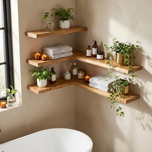 Dreamland Floating Shelves 24 Inch Long, Rustic Solid Elm Wood Live Edge Floating Shelf Wall Mounted, Wall Shelves Set of 2 with Invisible Bracket for Living Room Bathroom Kitchen, Natural - color: Natural, size: Live Edge - 24"L