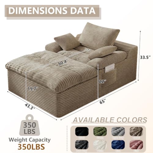 47.24" Oversized Chaise Lounge Chair, Deep Seat Upholstered Cozy Cloud Couch, Modern Corduroy Floor Sleeper Sofa Bed, Reading Chair for Living Room, Bedroom, Apartment, Office, Indoor, Camel - color: Camel, size: 47.24"