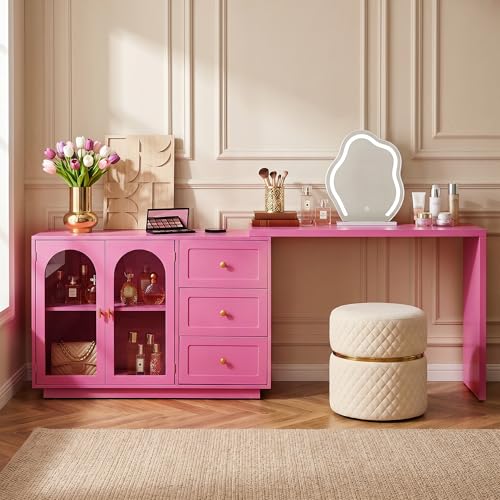 FansaFurn 83" L-Shaped Vanity Desk for Bedroom | 3 Drawer & 2 Door, Rotatable Tabletop, Oversized Makeup Table for Women Girls, Wood Dresser for Apartment, Home Office, Pink - color: Pink, size: 83“