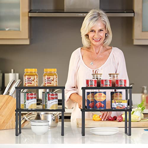 CADUKE Set of 4 Kitchen Counter Shelves, Cabinet Organizer, Black | Wood Countertop Shelves, Stackable Shelf Organizer, Expandable Cabinet Shelf, For Pantry, Industrial - color: Black