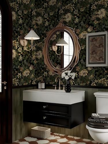 17.3"x393" Dark Wallpaper Peel and Stick Moody Vintage Victorian Floral Contact Paper Green Gothic Wallpaper for Bedroom Flower Leaf Yellow Renter Friendly Wall Paper Removable Vinyl Roll - color: Vintage Green, size: 17.3" x 394"