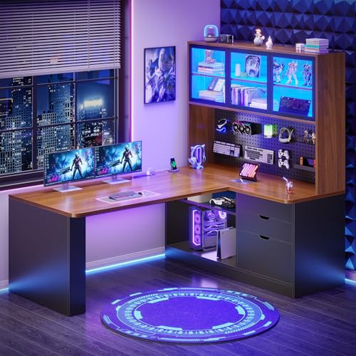 SEDETA L Shaped Computer Office Desk with 3 Wood Drawer and Large Bookshelf | L Shaped Corner Gaming Desk with LED Light, Display Cabinet and Pegboard, 27.5" W Large Desktop Table, Brown - color: Brown