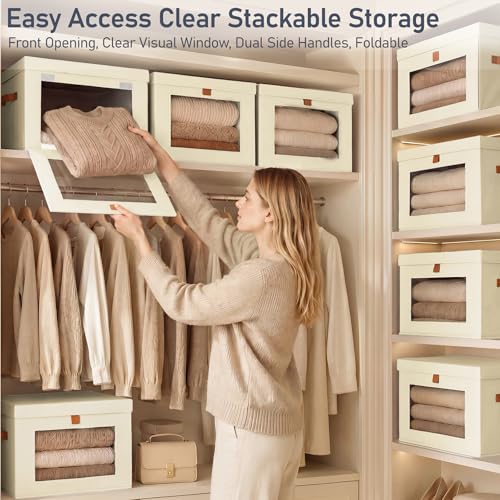 DIMJ Storage Bins with Lids - 6 Pack Front Opening Stackable Fabric Storage Boxes with Clear Window & Handles, Collapsible Closet Organizers for Clothes, Sweaters, Shelf Storage, Bedroom, Beige - color: Beige, size: Large-6 Pack