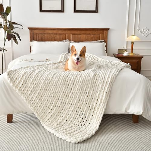 Soft Chunky Knit Blanket, 50X60 in Handmade Thick Chenille Yarn Throw Without Shedding & Raveling, Aesthetic & Cozy Home Decor with Couch Sofa Bed, Gift Pack, Ivory White - color: Ivory White, size: 50x60 inches