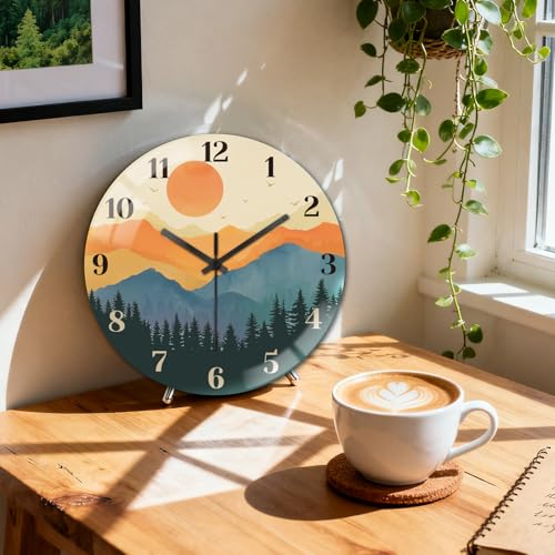 Forests and Sun Wall Clocks Battery Operated, 12" Round Clock | Non Ticking Decorative Clock, Ocean Pattern Glass Design for Living Room, Kitchen, Bedroom & Bathroom Decor - style: Forests and Sun