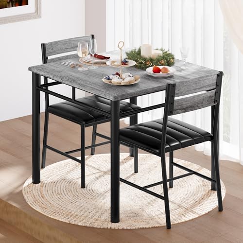 IRONCK Dining Table Set for 2, Gray | Small Kitchen Table with Upholstered Chairs, Compact Dining Set for Small Spaces, Kitchen & Dining Room - color: Grey
